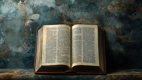 Antique open book on textured blue concrete wall shelf.