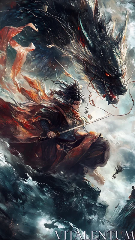 Stormlit warrior and dragon sharing a fierce ocean vow.