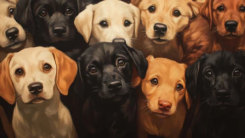 Golden and black puppies clustered in warm painterly light.