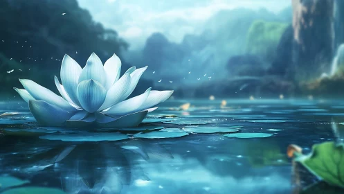 Iridescent blue lotus on tranquil lagoon with misted cliffs