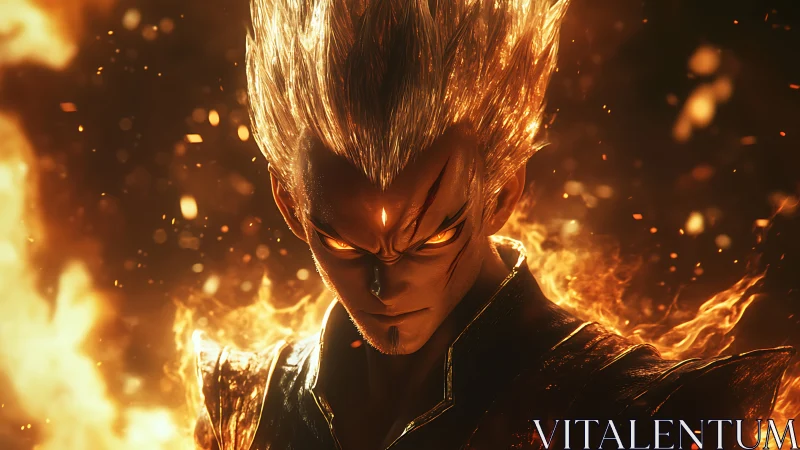 Fiery anime warrior with glowing hair in intense focus.