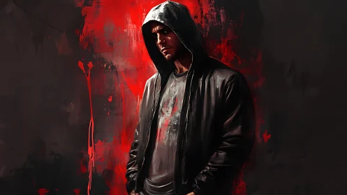 Hooded man in black jacket against abstract red smear field