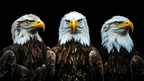 Three majestic bald eagles in dramatic portrait style on black.