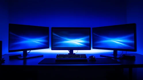 Triple monitor computer workstation with blue screen lighting.