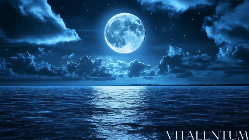 Full moon illuminates calm ocean surface under scattered clouds
