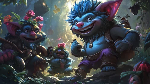 Small blue forest creatures with flowers in foliage clearing.