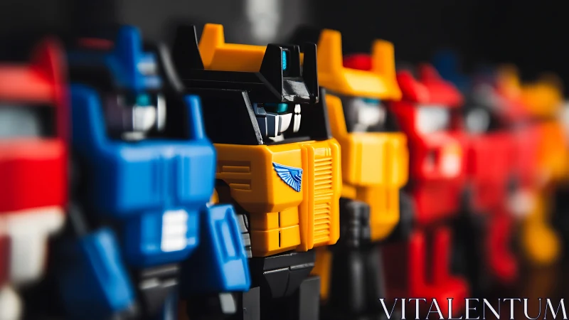 Closeup lineup of colorful robot action figure toys.