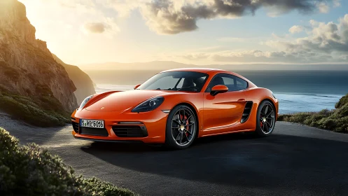 Sunlit orange sports coupe pauses beside a dramatic ocean cliff