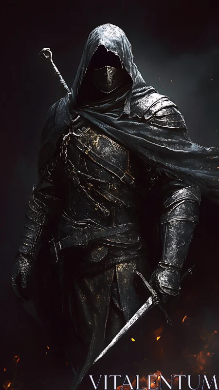 Dark fantasy rogue in scorched armor, high-contrast rendering.
