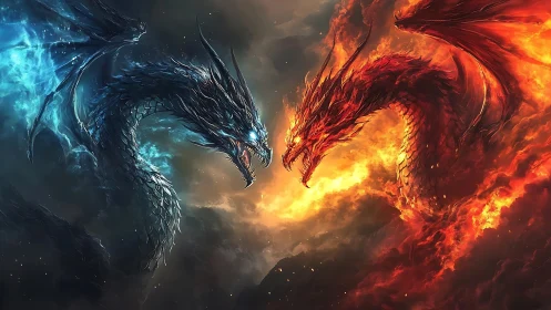Elemental dragons collide in blazing blue and red fury.