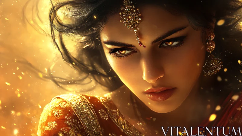 Digital portrait depicts woman in ornate attire with warm bokeh