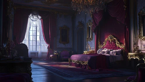 Lavish royal bedroom glows with moody morning window light