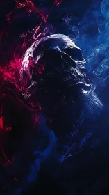 Smoke-forged skull drifts between neon red and electric blue