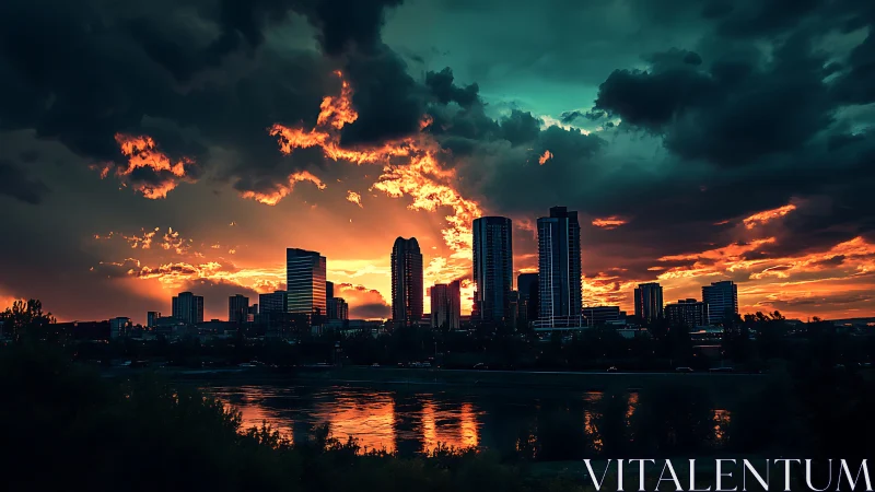 Dramatic city skyline silhouetted against fiery sunset sky.