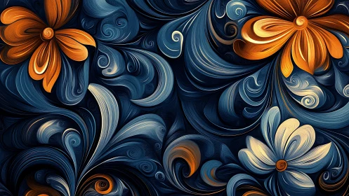 Whirling midnight florals in swirling blue and amber light.