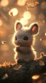 Tiny fluffy bunny glows softly in a golden autumn forest