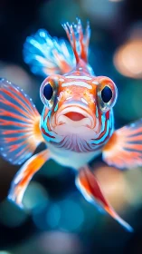 Vivid tropical fish portrait with neon striped fins, bokeh glow.