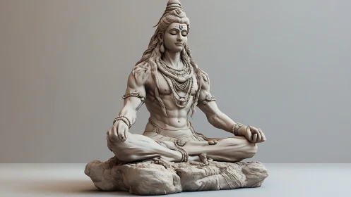 Seated meditative deity sculpture on rock platform, frontal.