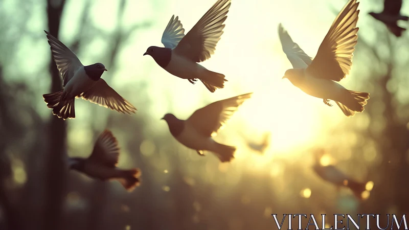 Flock of doves in flight at sunrise, soft bokeh nature scene.