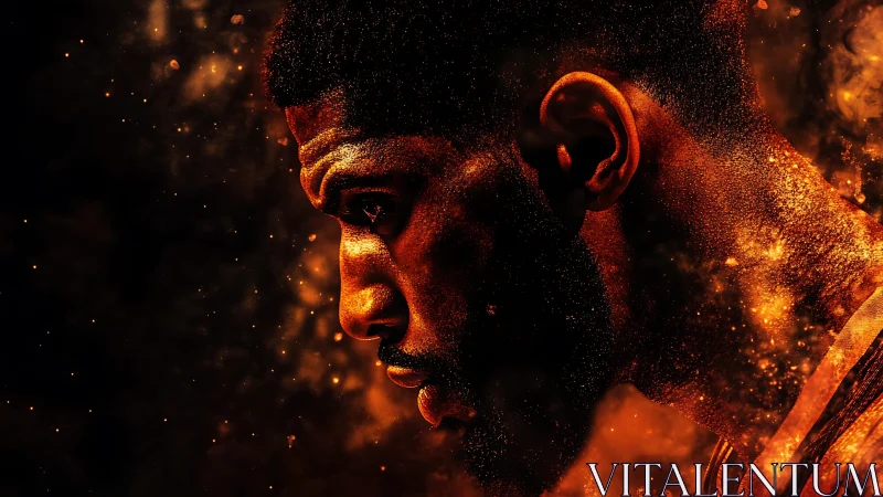 Firelit athlete dissolves into cosmic embers and shadows.