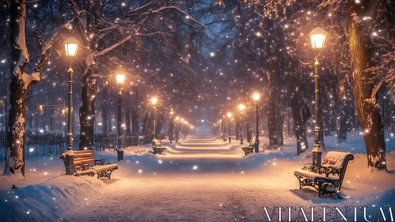 Snowlit park promenade under lanterns of quiet fire.