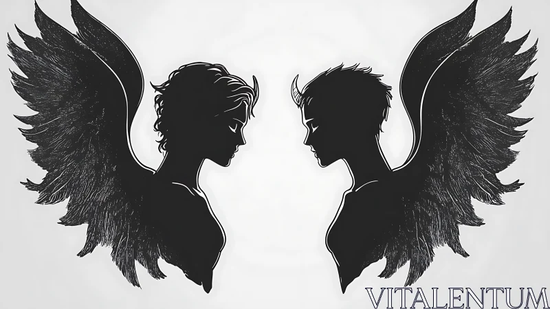 Silhouetted winged figures face each other in mirrored profiles