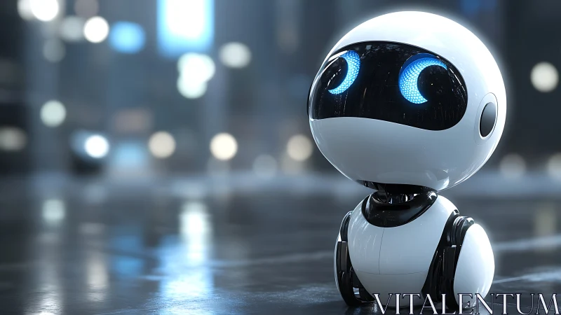 Small white robot with glowing blue eyes in city street.