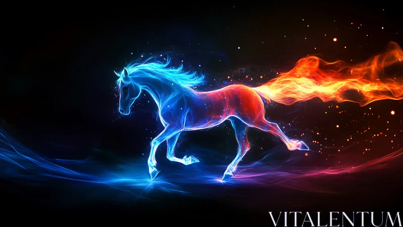 Celestial firemane horse galloping through neon starlight.