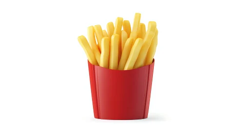 Crisp french fries stand upright in glossy red carton