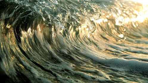 Breaking ocean wave with golden light reflections.