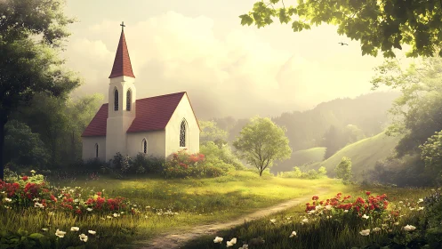 Sunlit country chapel rests quietly in a dreamy green valley