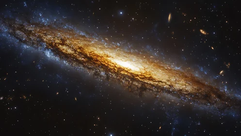 Edge-on spiral galaxy glows with golden core and blue halo.