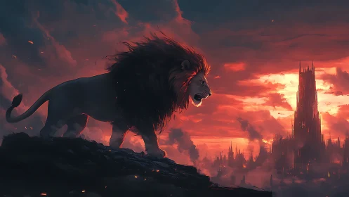 Lion silhouette overlooking distant spired city at dusk.
