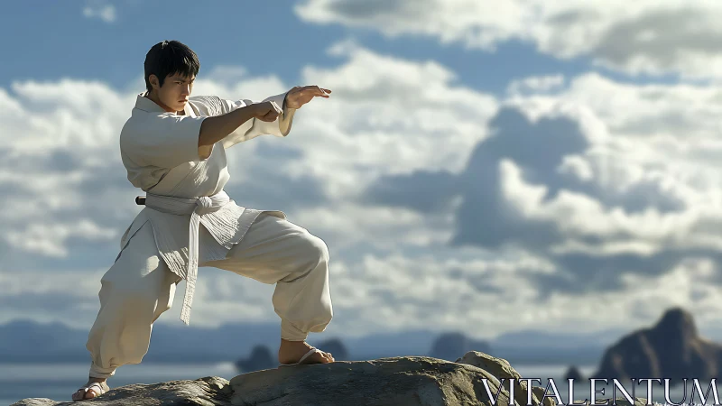 Martial artist in white gi holds forward stance on rocky ledge