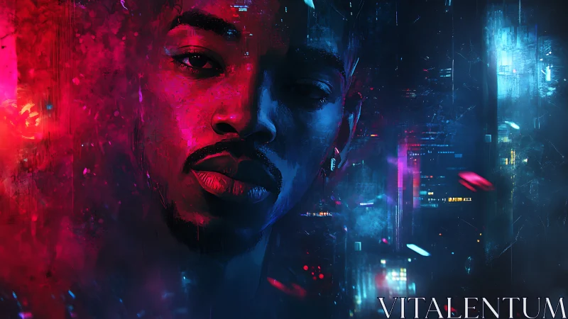 Cyber-noir male portrait merges neon bokeh and cityscape lighting
