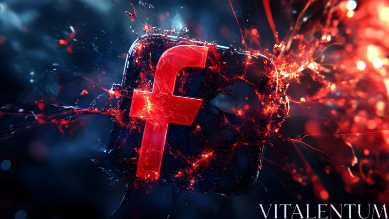 Futuristic Facebook Icon Exploding with Fiery Digital Effects.