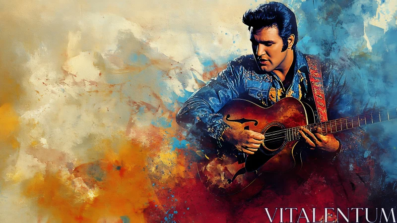 Rock guitarist emerges through vivid abstract color bursts.