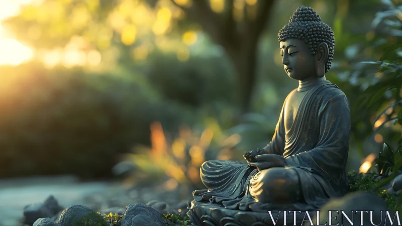 Bronze Buddha statue sits in soft sunset garden light