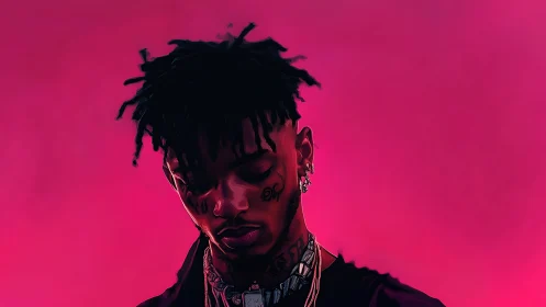 Neon magenta portrait of contemplative tattooed vocalist figure.