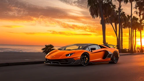 Orange sports car on coastal road at sunset with palms.
