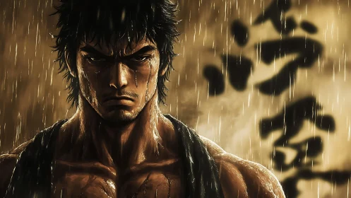 Determined anime fighter standing in heavy golden rain.