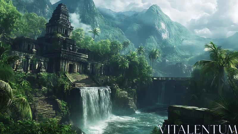 Hydraulic jungle citadel with tiered temples and canyon falls.