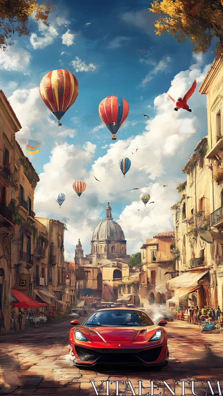 Scarlet supercar races beneath a carnival of drifting balloons