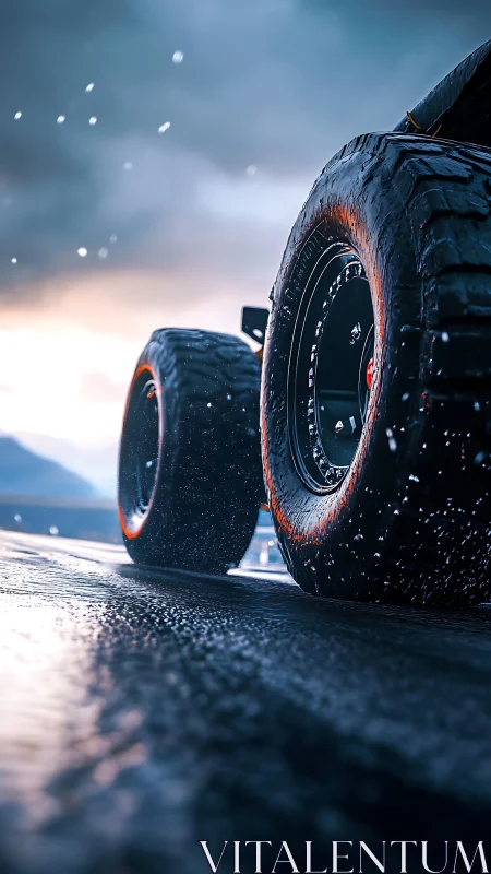 Storm-soaked monster tires bite into a glistening highway.