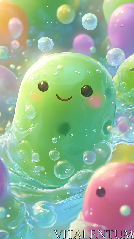 Green smiling jelly creature floating in bubbly liquid.