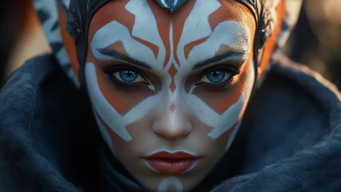 Cinematic close-up of warrior with luminous tribal visage.
