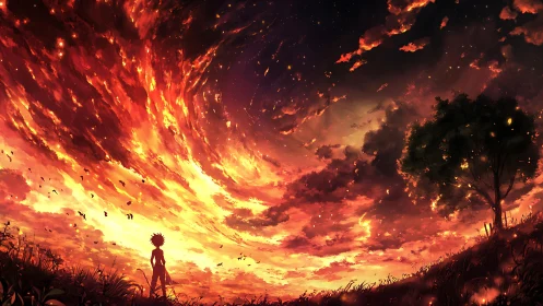 Celestial Inferno: Silhouette's Last Stand Beneath Burning Sky.