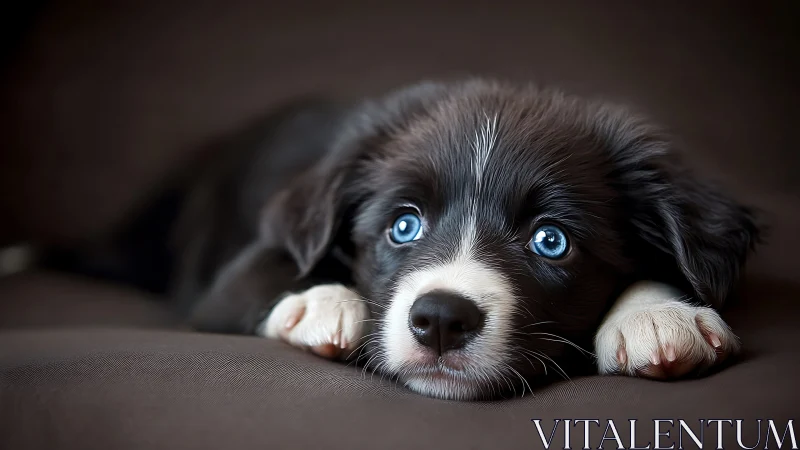Blue eyed black and white puppy lying on soft surface.