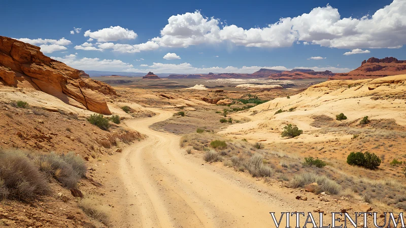 Desert track perspective in wide-angle landscape composition.