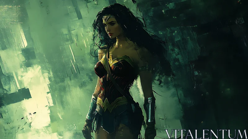 Warrior heroine stands poised in moody teal abstraction.